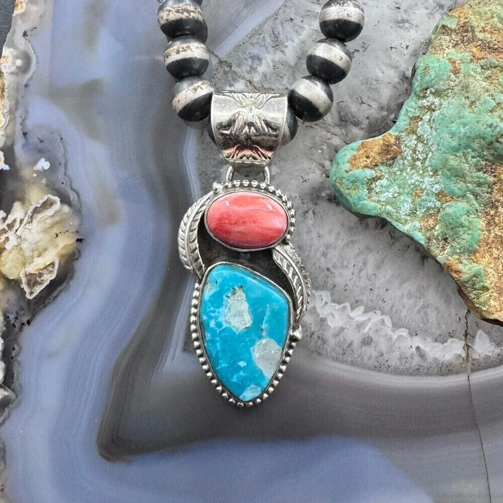 Native American Sterling Oval Orange Spiny Oyster W/Triangular Turquoise Pendant
